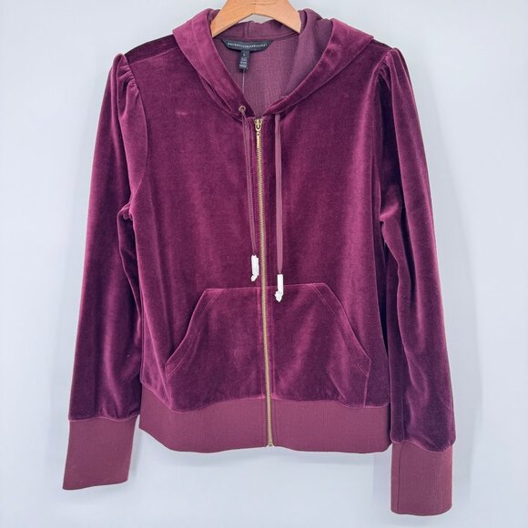 Whitehouse Black Market Burgundy Hooded Velvet Zip-Up Jacket size large new $89 - Picture 6 of 11